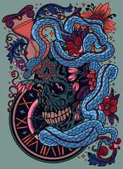 Hand drawn colorful vector illustration with skull, old watch and snake - symbol of the year according to eastern horoscope. Graphic artwork with esoteric, gothic and mystic concept