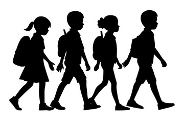 silhouette illustration of Kid student, school children silhouette, kids back to school silhouette, vector illustration, on white background.