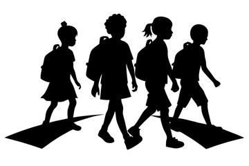 silhouette illustration of Kid student, school children silhouette, kids back to school silhouette, vector illustration, on white background.