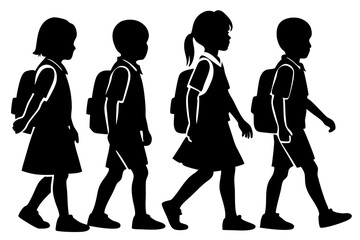 Kid student black silhouette, school children silhouette, kids back to school silhouette, vector illustration.