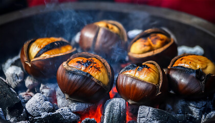 A picture of a warm roasted chestnut placed on a charcoal fire. The chestnut shell is slightly cracked, and the inside is soft golden