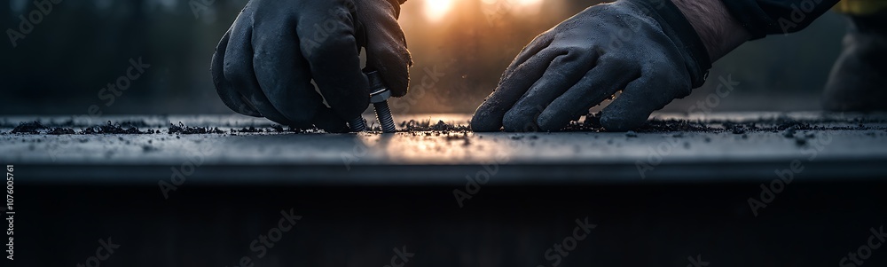 Poster a close-up view of gloved hands meticulously working with materials on a surface, illuminated by sof