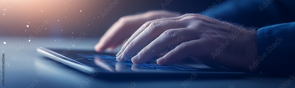 Aufkleber a pair of hands typing on a keyboard with a soft glow and blurred background, suggesting a focused, 