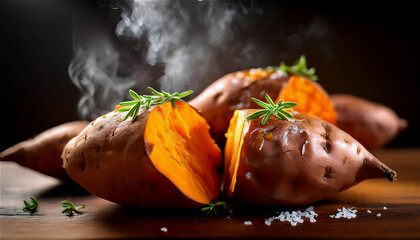 A high-quality picture of a steaming sweet potato cooked deliciously