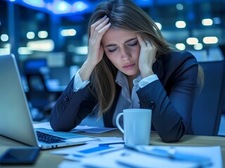 AI-Generated image of A woman is sitting at a desk with a laptop and a cup of coffee. She is looking at the laptop screen and she is in a state of distress