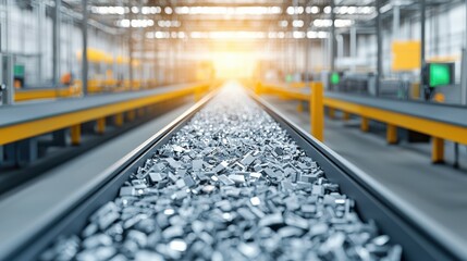 A view of a factory floor showcasing tracks lined with metallic materials, illuminated by warm sunlight streaming through the space.