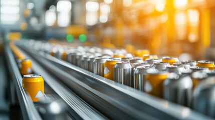 A bright, industrial scene showcasing a production line of aluminum cans moving along a conveyor belt in a factory setting.