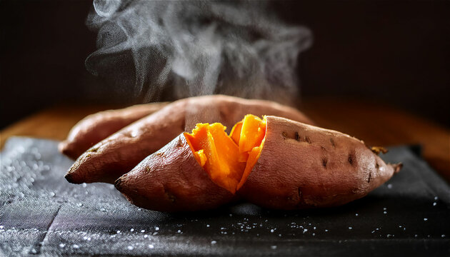 A high-quality picture of a steaming sweet potato cooked deliciously