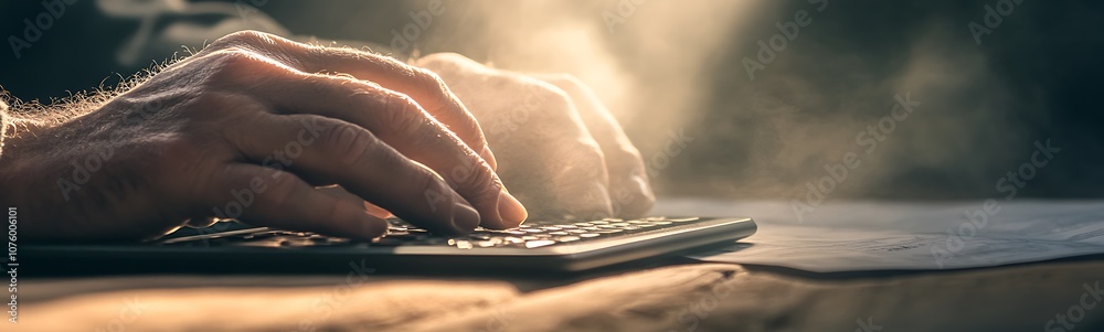 Leinwandbilder A pair of hands typing on a keyboard, illuminated by soft light, creating a serene and focused atmosphere in a dusty environment.