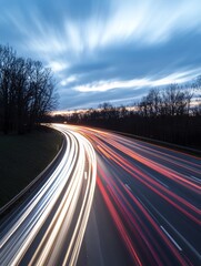Fototapeta premium A long-exposure shot of a highway with streaks of light from moving vehicles at dusk.