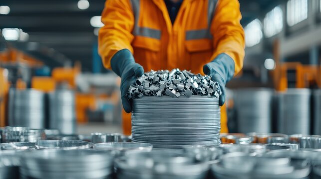 A worker in an orange safety suit is assembling stacks of shiny metal scraps in a warehouse environment.