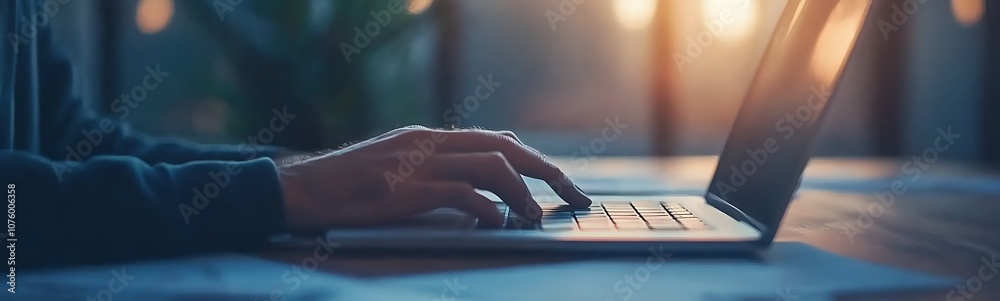 Aufkleber a person typing on a laptop with a warm, glowing background, emphasizing productivity and technology