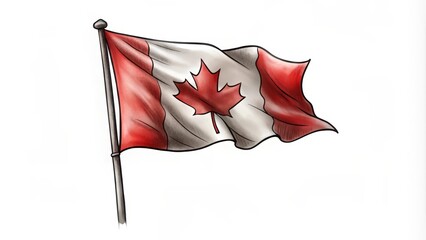 A Hand-Drawn Illustration of the Canadian Flag Waving on a Pole
