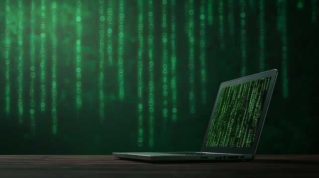 A laptop displays green binary code against a dark background, creating a futuristic and digital atmosphere.