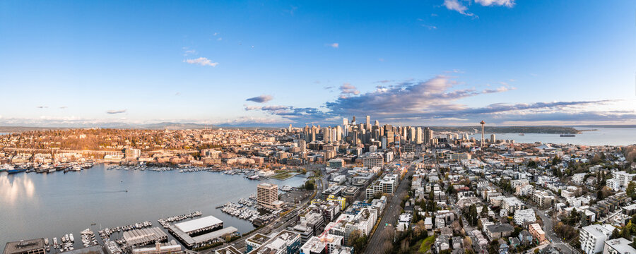 Panoramic Aerial View of Seattle South Lake Union during Sunset. 
