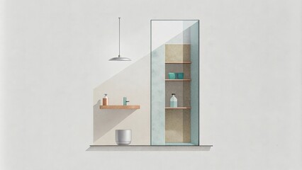 Minimalist Bathroom with Glass Shelves and a Pendant Light