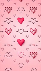 Minimalistic Valentine background with hand-drawn hearts and arrows in a repeating pattern on a soft pink backdrop.