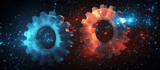 Fototapeta premium Two glowing gears interlock against a dark, starry background.