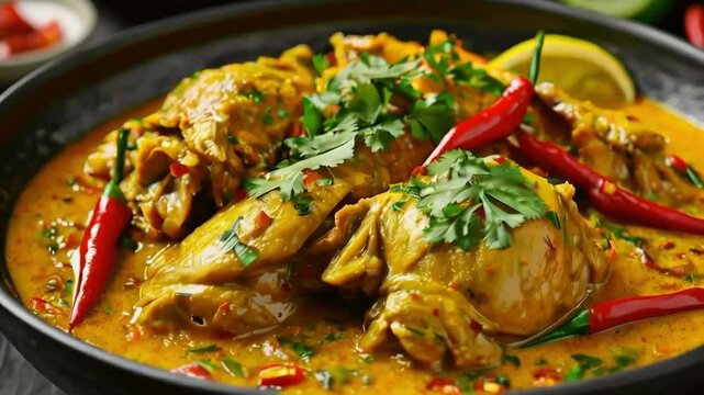 A Close-Up Look at a Delicious and Spicy Chicken Curry with Red Chili Peppers and Coriander Garnish
