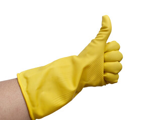 Hand of a person in yellow rubber gloves thumb up ok sign, cut out isolated