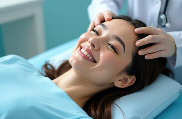 Fototapeta premium A young woman with a radiant smile receives a cosmetic consultation, showcasing the popularity of aesthetic treatments in Korea. The serene setting emphasizes trust and professionalism.