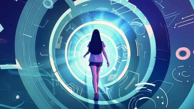 A girl races through a maze learning about the conservation of leptons in different particle interactions.