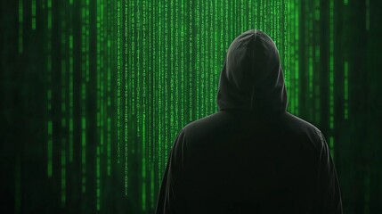 A cloaked figure stands before a cascading green matrix, evoking a sense of mystery and digital intrigue in a cyberpunk environment.
