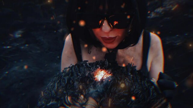 cinematic video white woman with black hair bob haircut and red devil horns on head in dark clothes on scorched earth with burning book with black burnt pages and sparks of fire slow motion 4K 24fps