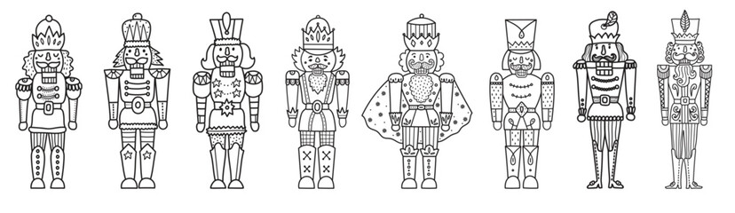 Nutcracker line set. Collection of minimalistic icons for site. Toy or mascot for children. Stickers for social networks and messengers. Flat vector illustrations isolated on white background