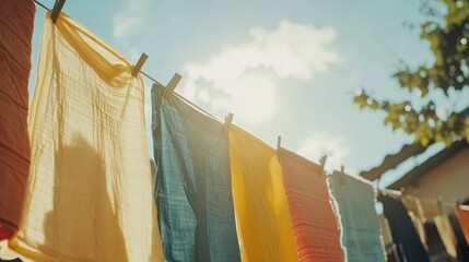 Colorful fabrics hanging on a line under a bright sky, capturing a serene outdoor laundry scene.