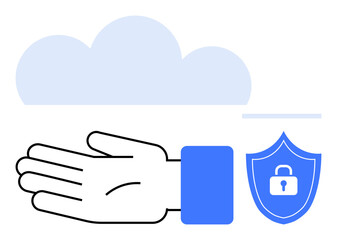 Open hand reaching towards cloud with shield and lock represents cloud computing, security, and data protection. Ideal for technology, secure storage, information safety, cyber defense, data