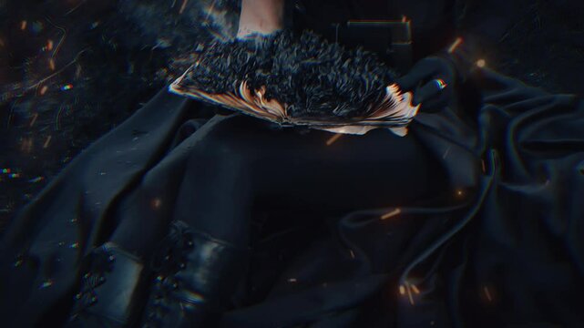 cinematic video white woman with black hair bob haircut and red devil horns on head in dark clothes on scorched earth with burning book with black burnt pages and sparks of fire slow motion 4K 24fps