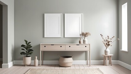 Interior mockup illustration with decor, 3d render. Interior mockup with house background. Modern interior design