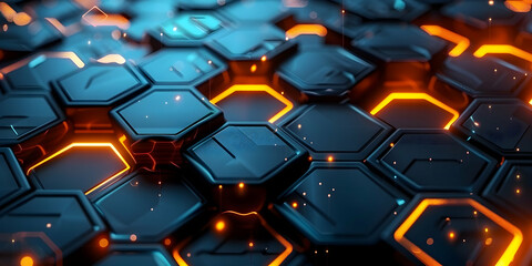 Fototapeta premium Abstract background with glowing hexagons in blue and orange colors