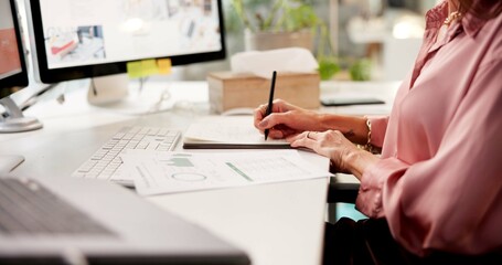 Hands, computer and business woman with writing, notes and creative training on screen in startup....