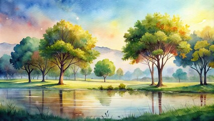 Tranquil watercolor of trees in a scenic landscape, nature, harmony, watercolor, trees, scenic, landscape, peaceful, serene