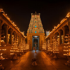 Obraz premium A majestic Hindu temple fully illuminated with oil lamps, celebrating the Karthigai Deepam festival, symbolizing the triumph of light over darkness