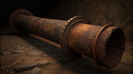 A Rusted Industrial Pipe Resting on a Sandy Surface