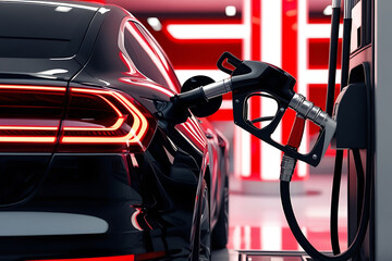 Refueling a vehicle at a gas station, close-up of the fuel nozzle with vibrant sunset colors in the background