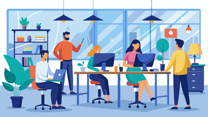 A group of people are working in an office