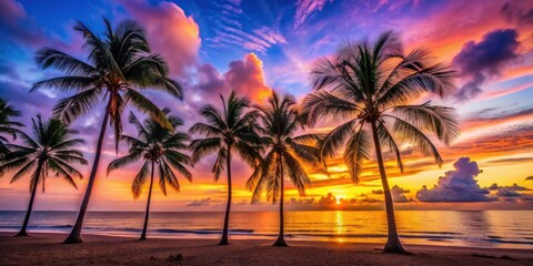 Obraz premium Vibrant sunset over the ocean with silhouetted palm trees on the beach, sunset, beach, ocean, palm trees, vibrant, colorful