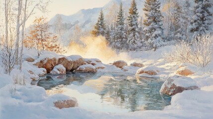 A Snowy Landscape with a Frozen Pond Surrounded by Trees and Mountains