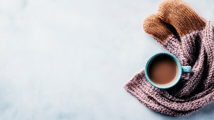A cozy scene featuring a cup of coffee beside a knitted scarf on a light background.