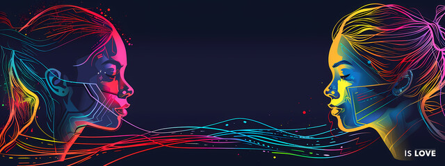 Two colorful, abstract, female portraits face each other, symbolizing connection and love through vibrant lines and digital art.