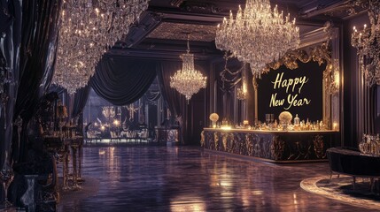 Marking New Year 2025 depicted in sophisticated script on a backdrop of a lavish ballroom adorned with chandeliers and elegant decor, creating a luxurious and festive ambiance.