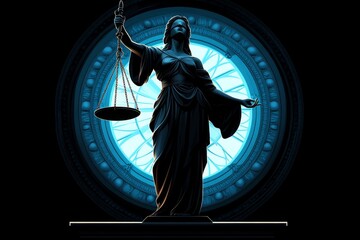 Obraz premium A gothic-style illustration of Lady Justice in dark tones, with dramatic shadows and an old-fashioned scale