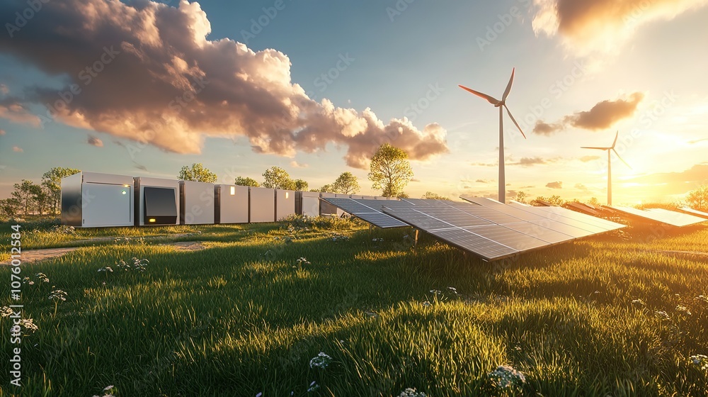 Wall mural Modern battery energy storage system with wind turbines and solar panels in lush green grass fields renewable power 3d illustration 4k image