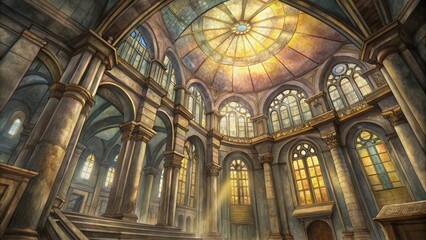 Obraz premium Interior View of a Grand Cathedral with Domed Ceiling and Stained Glass Windows