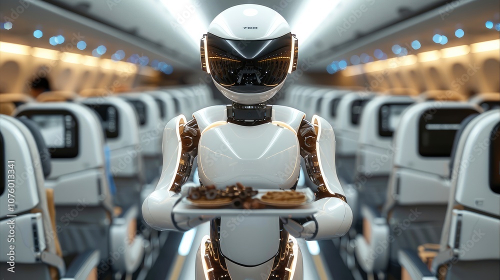 Poster a white robotic steward walking in futuristic airplane cabin between rows of passengers seated in co
