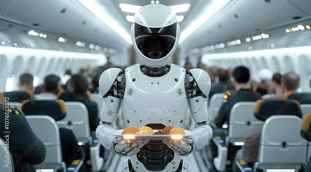 Poster a white robotic steward walking in futuristic airplane cabin between rows of passengers seated in co